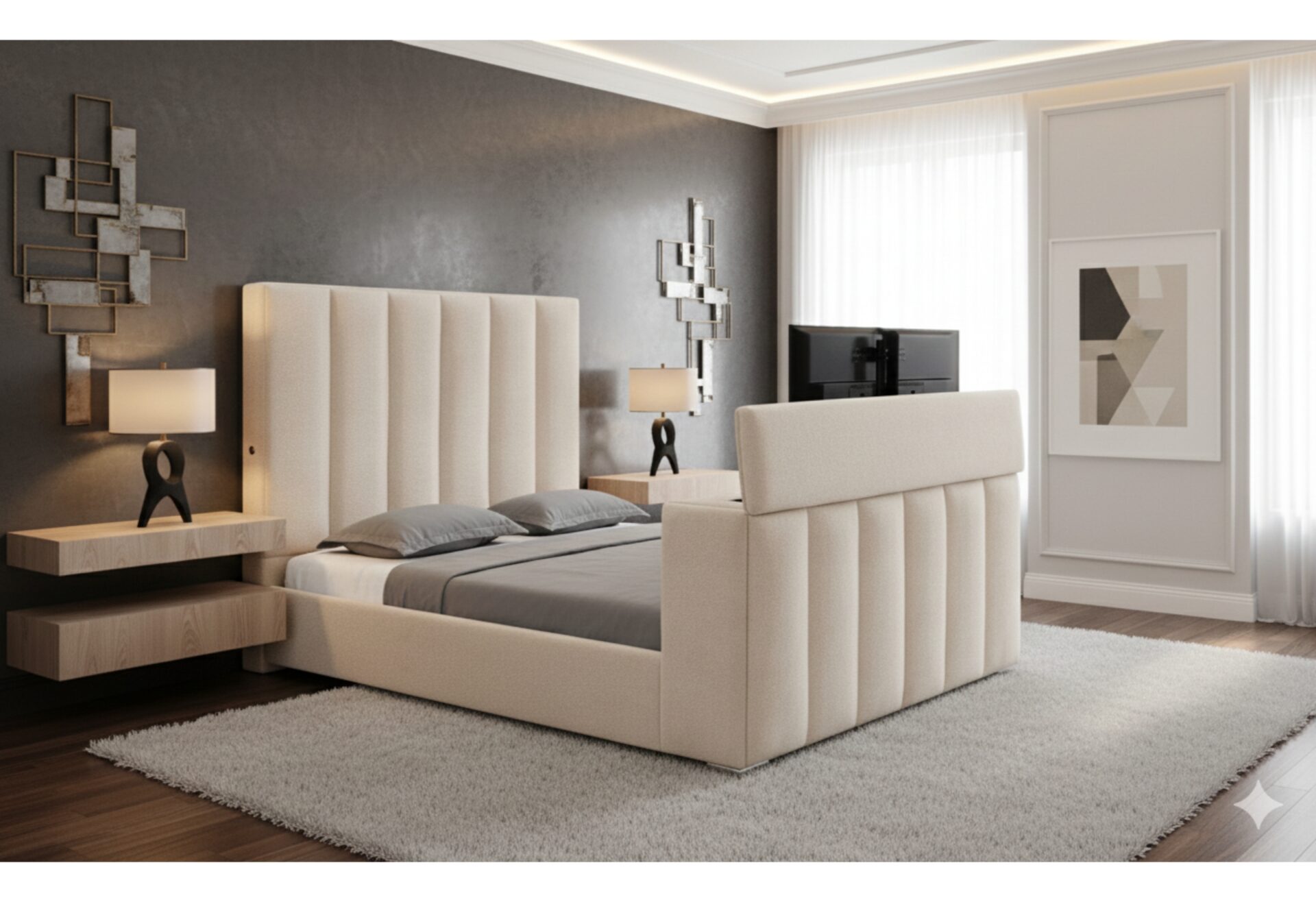 Global Furniture USA Serenity upholstered king bed, one of the collections available to regional and national furniture chains through the mixed-container program